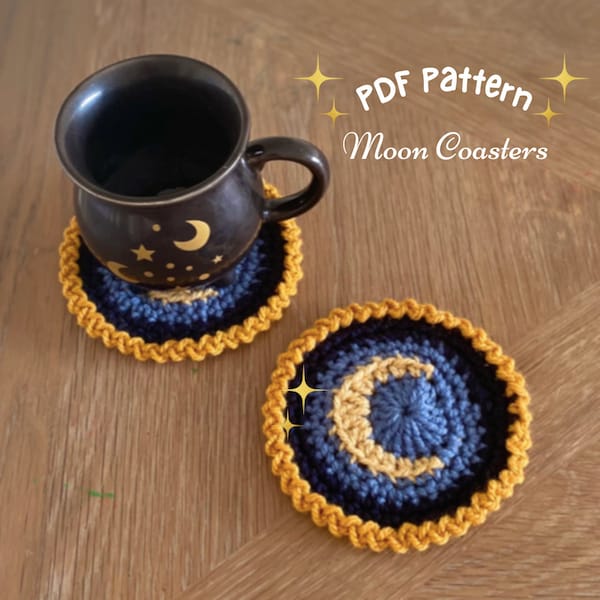 Crescent moon coaster crochet pattern, Celestial crochet, witchy home decor