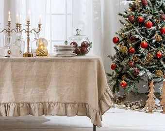 Organic  Linen tablecloth in flax color, Washed Round, square, rectangular table linen cover. Custom linen fabric table cloth