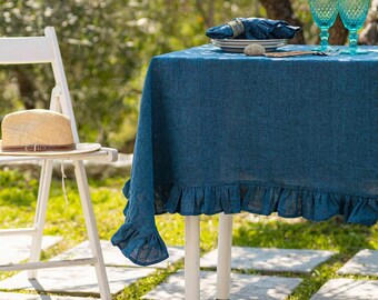 Ruffled tablecloth, Soft Round, square, rectangular table linen cover. Custom linen fabric tablecloth