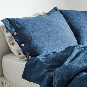 Linen pillow case in blue melange. Softened, washed, queen, king size pillow cover.