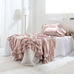 Linen flat sheet in old rose color. Linen bed cover. Linen ruffled blanket in various colors. Stonewashed sheet. Linen bed scarf.