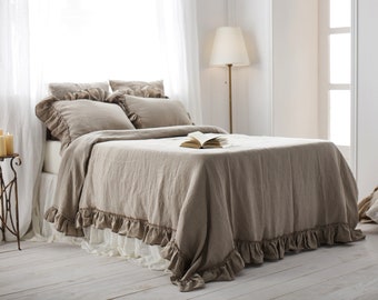 Ruffled Linen Duvet cover in flax color, washed, softened linen bedding. Custom size, Available in 21 colors