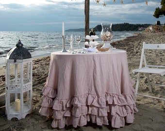 Round tablecloth in old rose color, Soft ruffled, square, rectangular table linen cover. Custom linen fabric table cloth