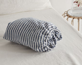 Linen fitted sheet in blue stripes color. Stone washed, softened linen bedding. Linen sheet in King / Queen, custom sizes.