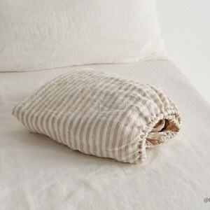 Linen fitted sheet in flax stripes. Stone washed, softened linen bedding. Linen sheet in King / Queen, custom sizes. image 1