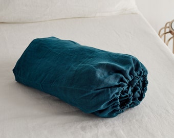 Linen fitted sheet in petrol color. Stone washed, softened linen bedding. Linen sheet in King / Queen, custom sizes.