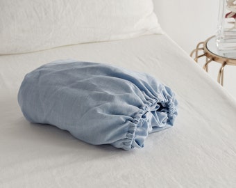 Linen fitted sheet in Blue sky color. Stone washed, softened linen bedding. Linen sheet in King / Queen, custom sizes.