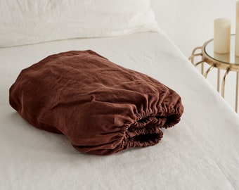 Linen fitted sheet in cinnamon color. Stone washed, softened linen bedding. Linen sheet in King / Queen, custom sizes.