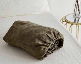 Linen fitted sheet in olive color. Stone washed, softened linen bedding. Linen sheet in King / Queen, custom sizes.