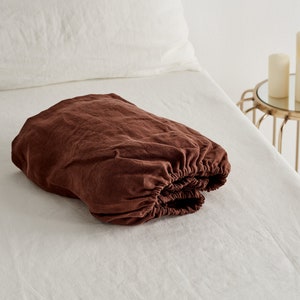 Linen fitted sheet in cinnamon color. Stone washed, softened linen bedding. Linen sheet in King / Queen, custom sizes. image 1