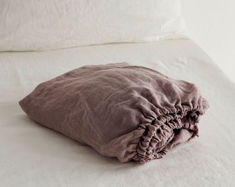 Linen fitted sheet in Woodrose color. Stone washed, softened linen bedding. Linen sheet in King / Queen, custom sizes.