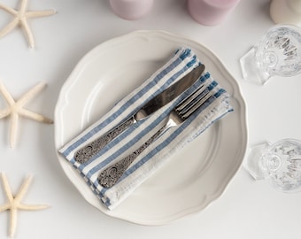 Striped Linen Napkins. Blue stripes Frayed Napkins. Rustic Table Decor. Dinner Cloth dinner set. Wedding napkins.