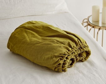 Linen fitted sheet in Lime color. Stone washed, softened linen bedding. Linen sheet in King / Queen, custom sizes.