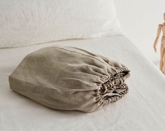 Linen fitted sheet in flax color. Stone washed, softened linen bedding. Linen sheet in King / Queen, custom sizes.