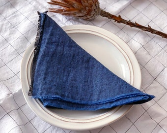 Cloth dinner napkins. Blue melange napkins for Home Decor. Washed fringed linen napkins for wedding. Custom napkins