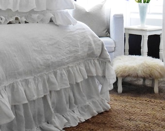 Linen bed skirt. Queen size bedskirt. Ruffled bed skirt. Softened linen dust ruffles. Linen bedskirt. Choose the drop #Summer Waves#