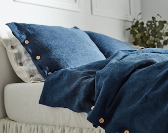 Funda nórdica de lino azul. Ropa de cama de lino puro en mezcla azul.  Funda nórdica de lino de tamaño personalizado. Disponible en 21 colores.