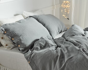 Set linen bedding in elephant. Softened, washed, queen, king size duvet cover set + 2 pillowcases.