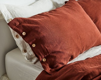 Linen pillow sham in cinnamon. Softened, washed, queen, king size pillow cover.