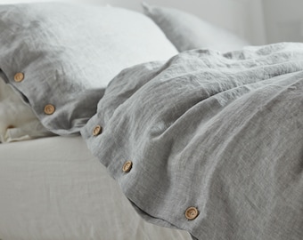 Linen bedding set in light gray. Softened, washed, queen, king size duvet cover set + 2 pillowcases.