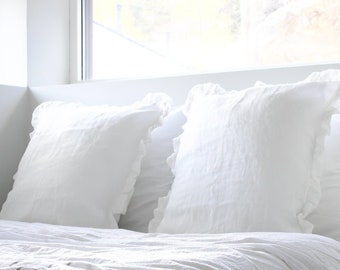 Linen pillow case in white color. Ruffled pillow cover in varius colors. Standard, queen, king size pillow cover.