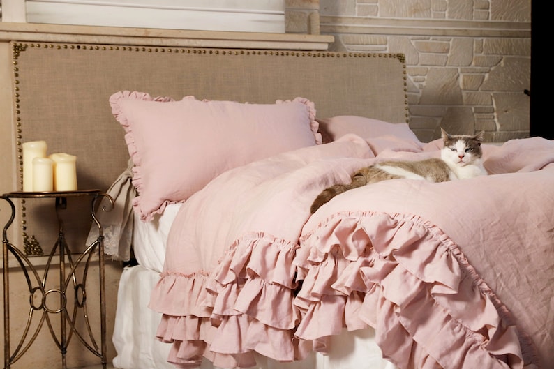 Ruffled Linen Duvet Cover in Old Rose Color. Shabby Chic Linen Etsy
