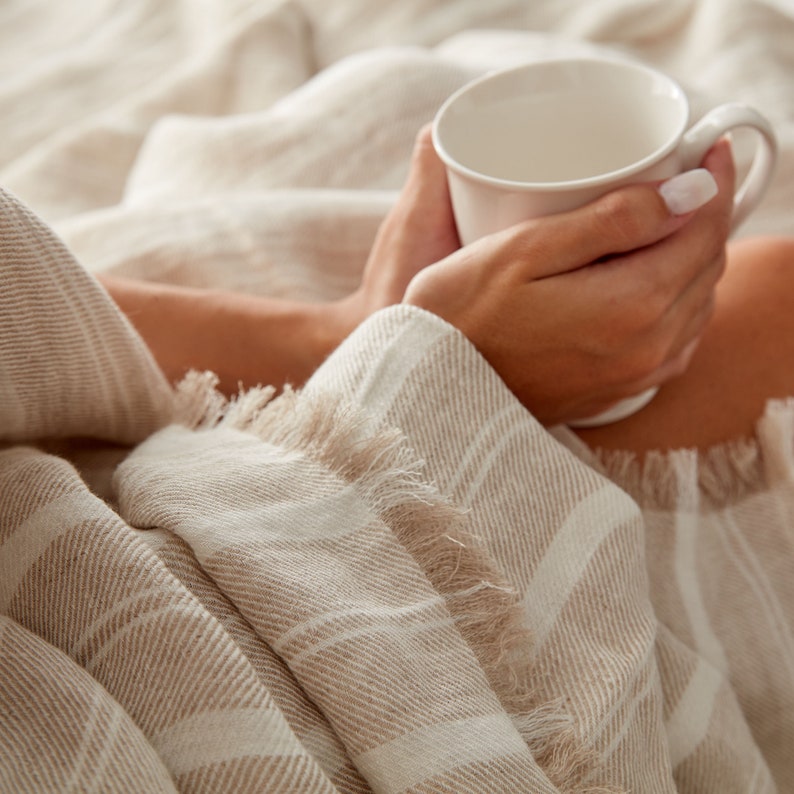 Natural Linen blanket Fringed Bedspread in King, Queen sizes Linen bedding Linen blanket Summer blanket Sofa cover image 6