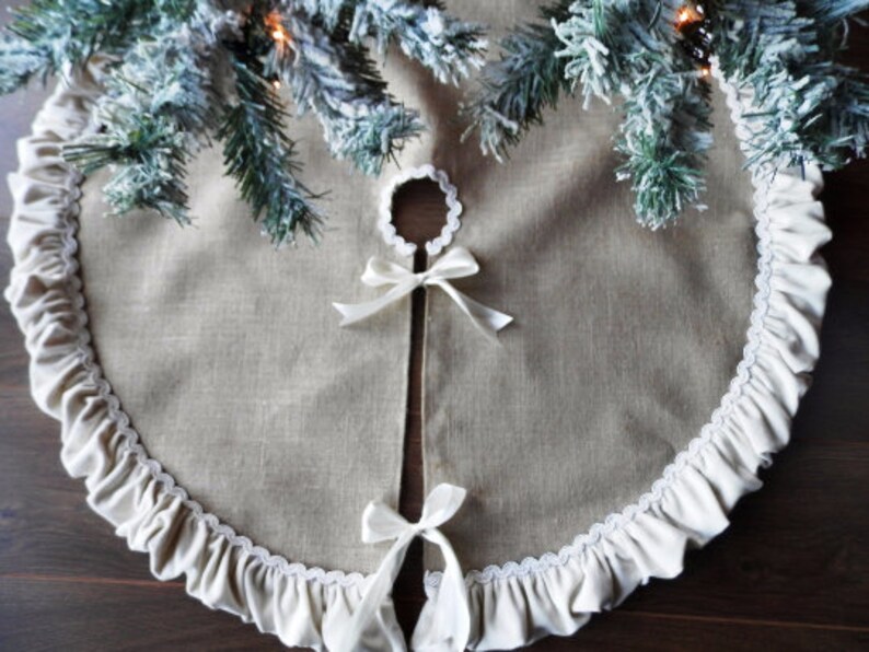 Christmas tree skirt Linen tree skirt Ivory Velvet Ruffles Etsy