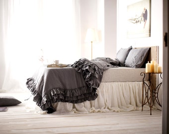 Ruffled Linen Duvet cover in elephant gray color. Shabby Chic Linen duvet cover. Custom size duvet cover. Available in 21 colors