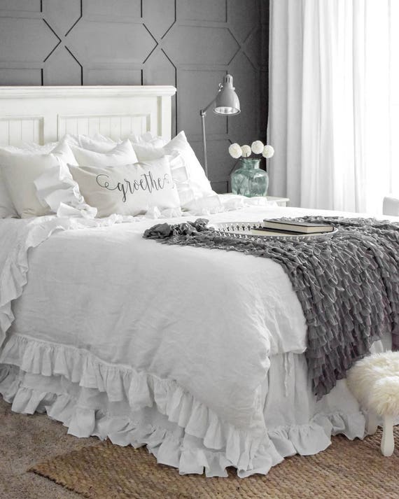 King Size Linen Bed Skirt Ruffled Softened Image 0