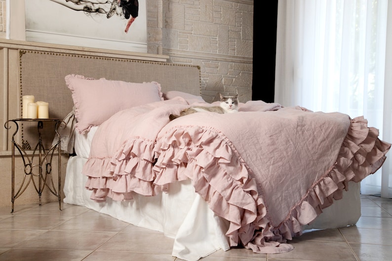 Ruffled Linen Duvet Cover in Old Rose Color. Shabby Chic Linen Etsy