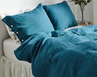 Linen bedding set in petrol. Softened, washed, queen, king size duvet cover set + 2 pillowcases.