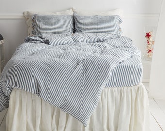 Striped duvet cover in blue color, washed, softened linen bedding stripe. Custom sizes. Blue linen duvet cover