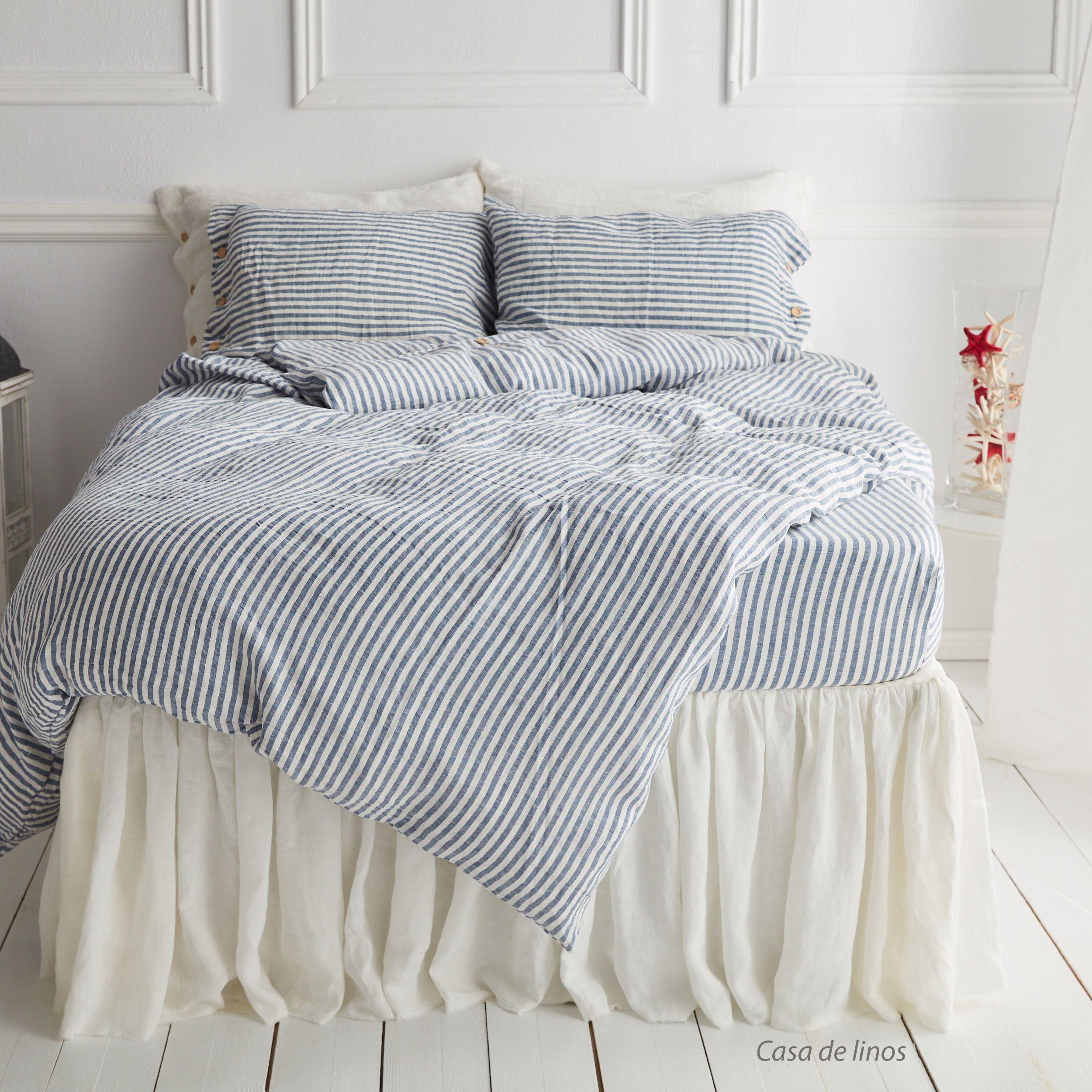 Striped Duvet Cover in Blue Color, Washed, Softened Linen Bedding