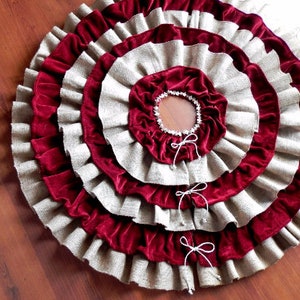 Christmas tree skirt with velvet Red Burgundy and Burlap ruffles. Custom size image 4