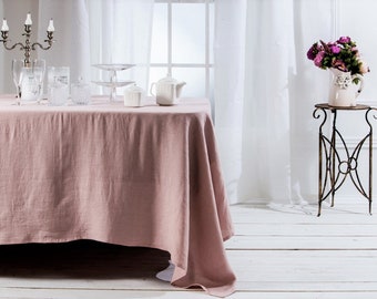 Linen tablecloth in old rose color, Washed Round, square, rectangular table linen cover. Custom linen fabric table cloth