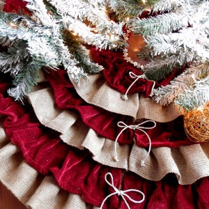 Christmas tree skirt with velvet Red Burgundy and Burlap ruffles. Custom size image 3