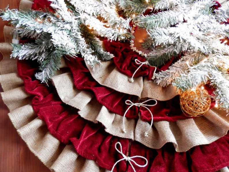 Christmas tree skirt with velvet Red Burgundy and Burlap ruffles. Custom size image 3