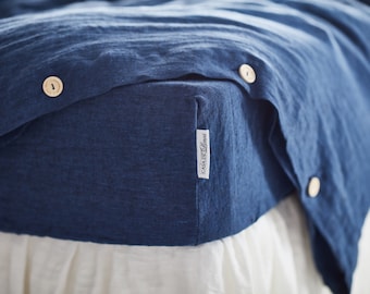 Linen fitted sheet in Blue melange. Stone washed, softened linen bedding. Linen sheet in King / Queen, custom sizes.