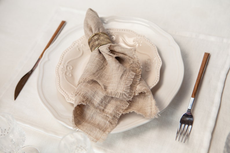Cloth dinner napkins. Blue melange napkins for Home Decor. Washed fringed linen napkins for wedding. Custom napkins flax/ivory threads
