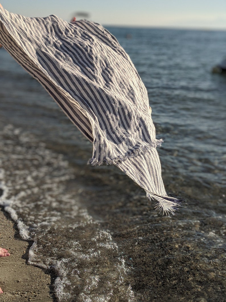 Linen beach towel Blue striped linen beach sheet Huckaback Etsy