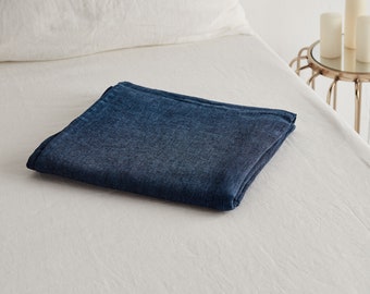 Linen flat sheet in blue melange. Softened bedding. Stone washed, Queen, King, Custom size linen sheet.