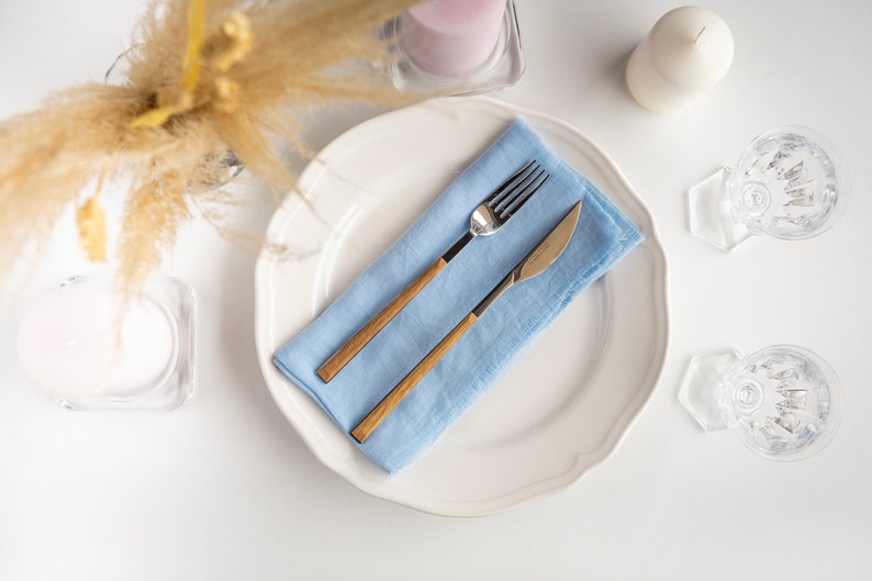 Soft Linen Napkins. Wood rose Frayed Napkins. Rustic Table Decor. Dinner Cloth dinner set. Wedding napkins. blue sky