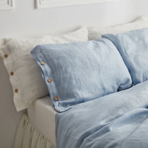 Pillow with buttons, Linen pillow case in blue sky. Softened, washed, queen, king size pillow cover.