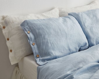 Pillow with buttons, Linen pillow case in blue sky. Softened, washed, queen, king size pillow cover.