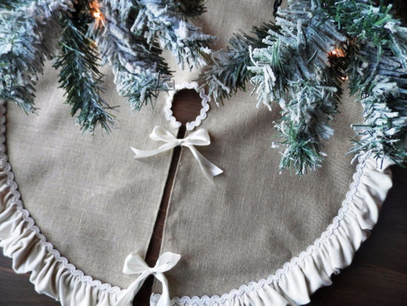 Christmas Tree Skirt Linen Tree Skirt Ivory Velvet Ruffles Etsy