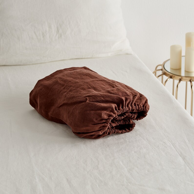 Linen fitted sheet in cinnamon color. Stone washed, softened linen bedding. Linen sheet in King / Queen, custom sizes. image 1