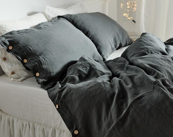 Set linen bedding in dark gray. Softened, washed, queen, king size duvet cover set + 2 pillowcases.