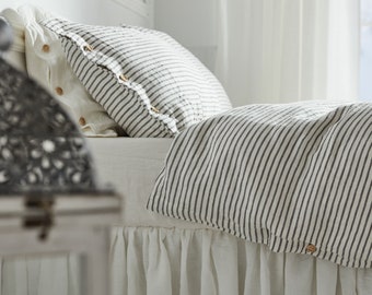 Set linen bedding in gray stripes. Softened, washed, queen, king size duvet cover set + 2 pillowcases.