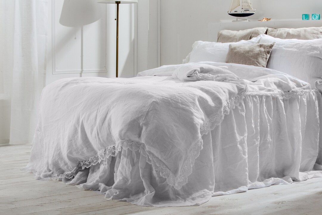 White Linen Duvet Cover With Lace 